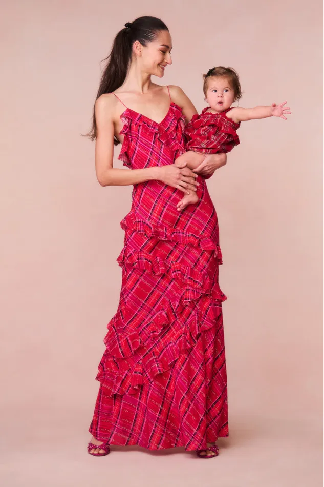 WomenKids Dresses LoveShackFancy Rialto Silk Tartan Dress Cheery Red