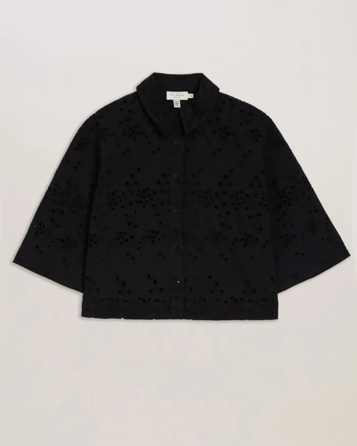 Women KILKIS 8211 Oversized Broderie Cropped Cotton Shirt Black Ted Baker Tops and Blouses