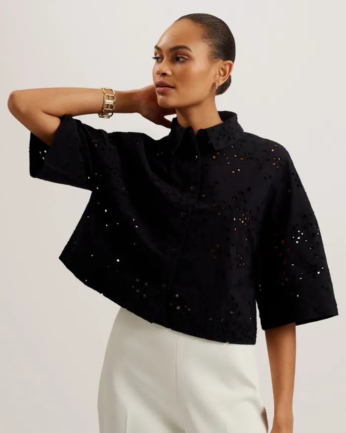Women KILKIS 8211 Oversized Broderie Cropped Cotton Shirt Black Ted Baker Tops and Blouses