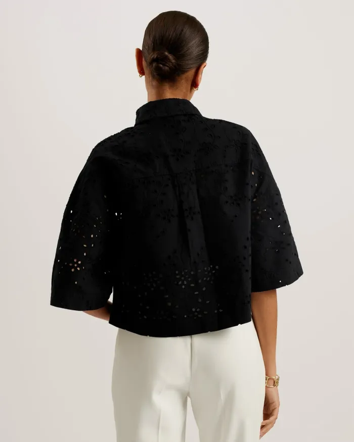 Women KILKIS 8211 Oversized Broderie Cropped Cotton Shirt Black Ted Baker Tops and Blouses