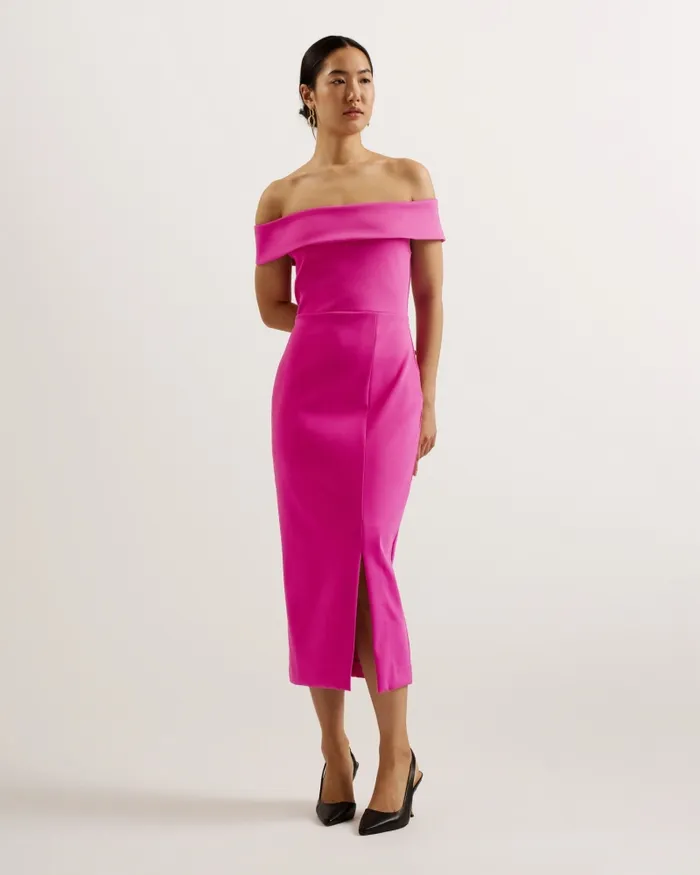 Women LERREN 8211 Bardot Fitted Scuba Midi Dress Purple Ted Baker Dresses