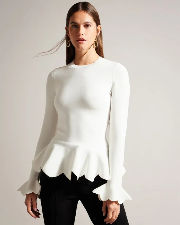 Women LILLYYY 8211 Long Sleeve Scalloped Peplum Top Ivory Ted Baker Tops and Blouses