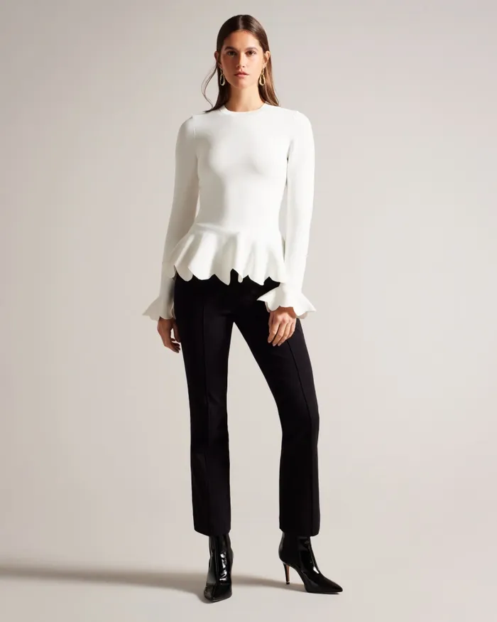 Women LILLYYY 8211 Long Sleeve Scalloped Peplum Top Ivory Ted Baker Tops and Blouses