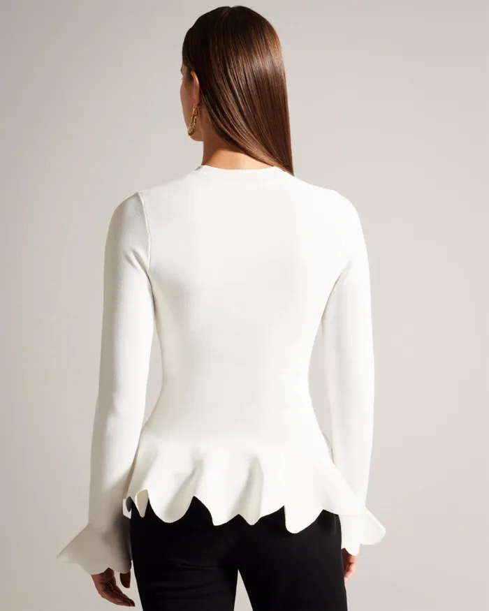 Women LILLYYY 8211 Long Sleeve Scalloped Peplum Top Ivory Ted Baker Tops and Blouses