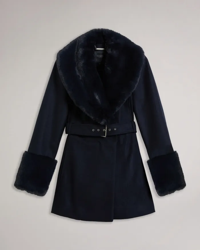 Women LOLETA 8211 Belted Coat With Faux Fur Collar And Cuffs Navy Ted Baker Coats and Jackets