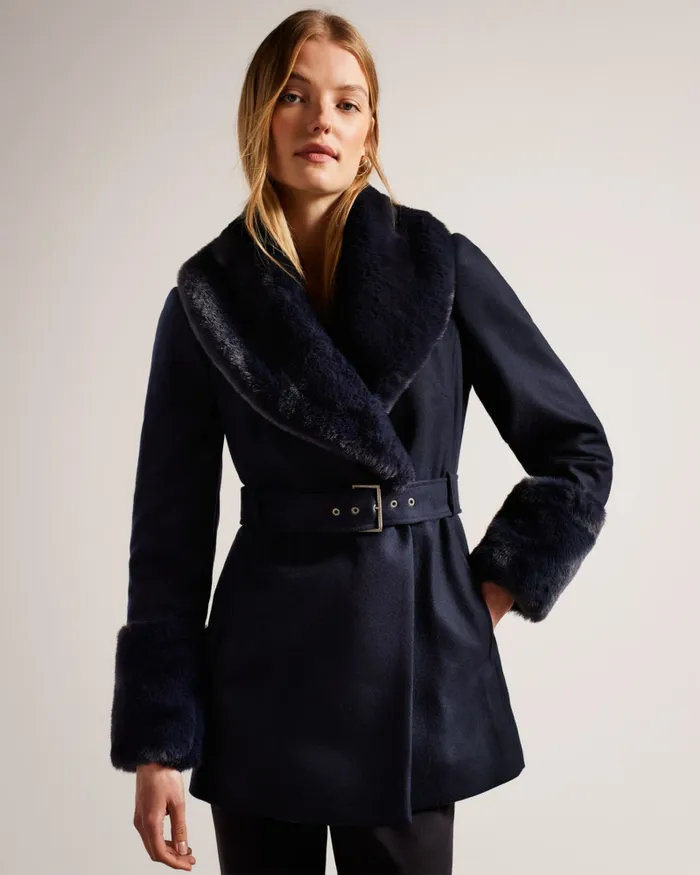 Women LOLETA 8211 Belted Coat With Faux Fur Collar And Cuffs Navy Ted Baker Coats and Jackets Women LOLETA 8211 Belted Coat With Faux Fur Collar And Cuffs Navy Ted Baker Coats and Jackets