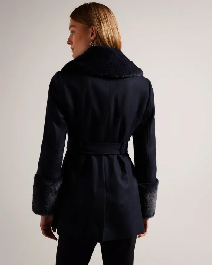 Women LOLETA 8211 Belted Coat With Faux Fur Collar And Cuffs Navy Ted Baker Coats and Jackets Women LOLETA 8211 Belted Coat With Faux Fur Collar And Cuffs Navy Ted Baker Coats and Jackets