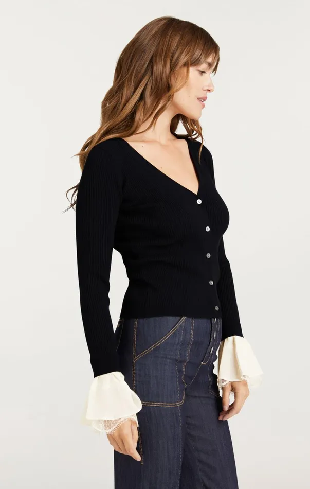 Women Long Sleeve Tops Cinq Sept Bernadette Prestyled Ribbed Cardigan Blackivory