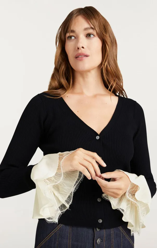Women Long Sleeve Tops Cinq Sept Bernadette Prestyled Ribbed Cardigan Blackivory