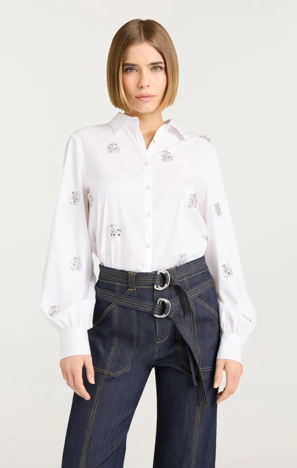 Women Long Sleeve Tops Cinq Sept Crystal Dot Tianna Top White