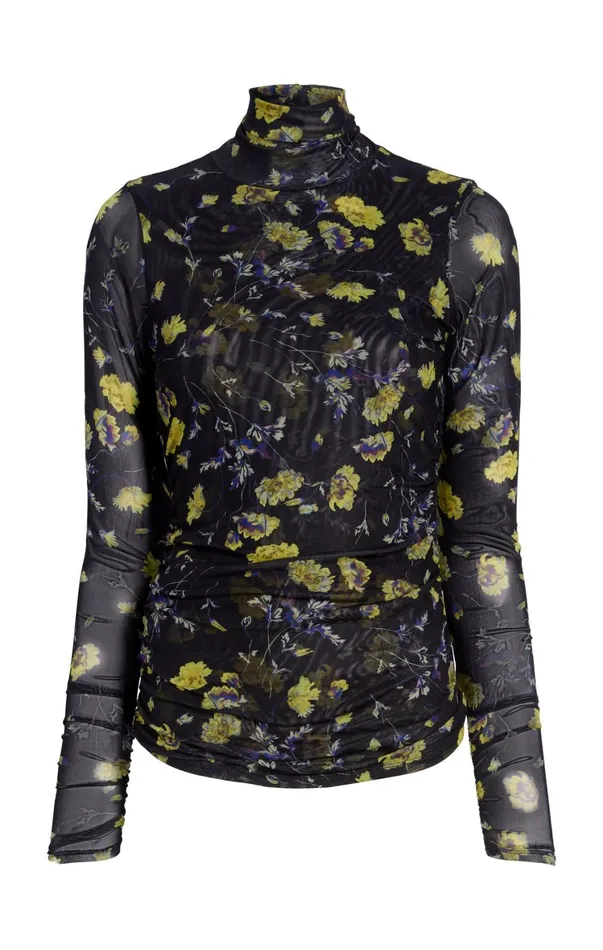 Women Long Sleeve Tops Cinq Sept Falling Poppies Shirred Mesh Turtleneck Black Multi