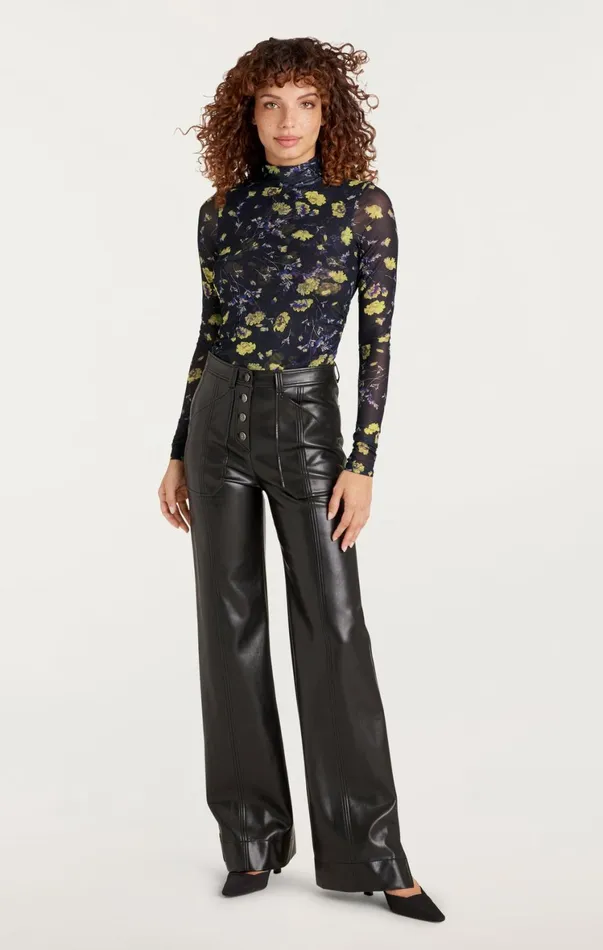 Women Long Sleeve Tops Cinq Sept Falling Poppies Shirred Mesh Turtleneck Black Multi