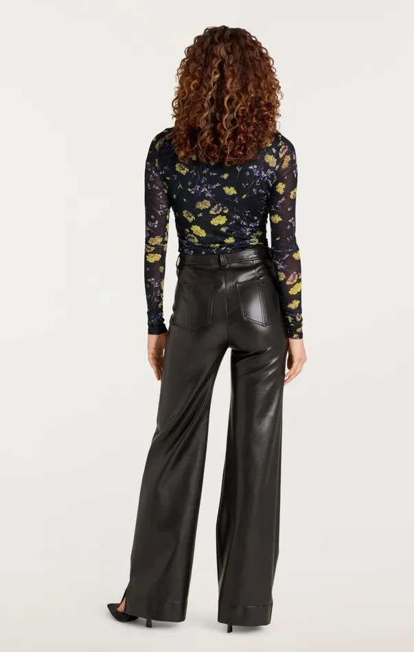 Women Long Sleeve Tops Cinq Sept Falling Poppies Shirred Mesh Turtleneck Black Multi