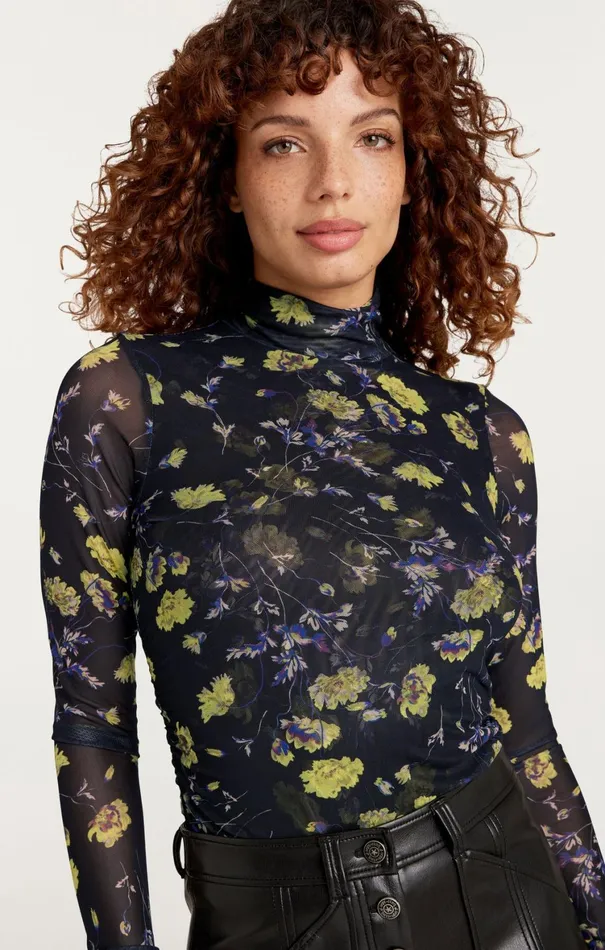 Women Long Sleeve Tops Cinq Sept Falling Poppies Shirred Mesh Turtleneck Black Multi