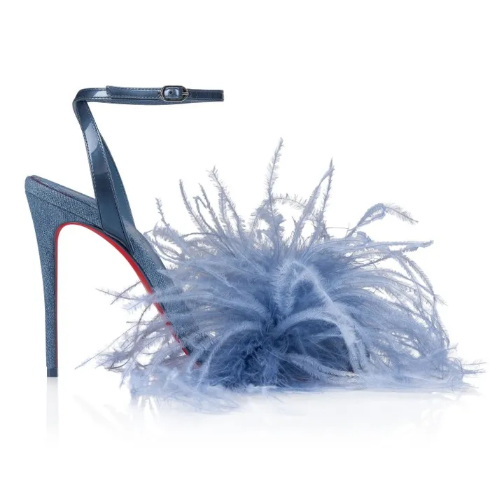 Women Loubipoupi 100 Mm Strappy Sandals 8211 Denim And Feathers 8211 Blue Christian Louboutin Sandals and Slides