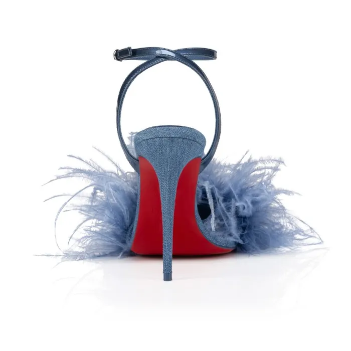 Women Loubipoupi 100 Mm Strappy Sandals 8211 Denim And Feathers 8211 Blue Christian Louboutin Sandals and Slides
