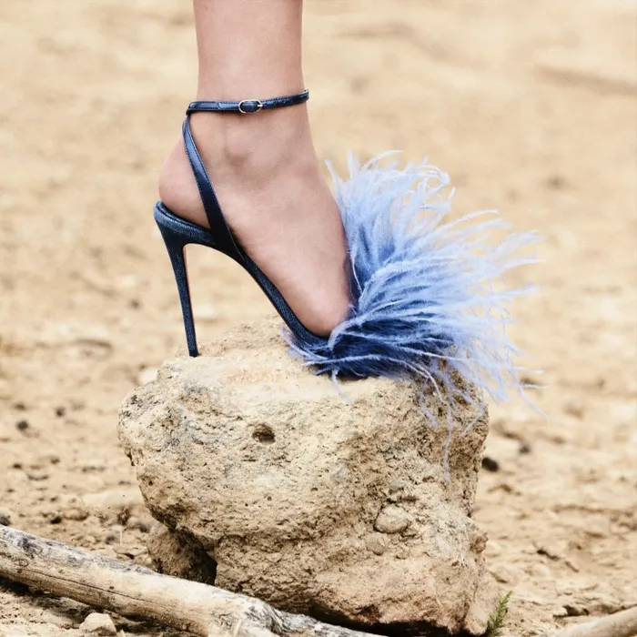 Women Loubipoupi 100 Mm Strappy Sandals 8211 Denim And Feathers 8211 Blue Christian Louboutin Sandals and Slides