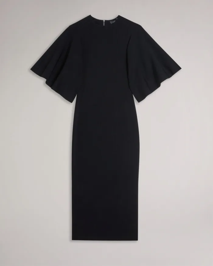 Women LOUNIA 8211 Fluted Sleeve Knitted Bodycon Midi Dress Black Ted Baker Dresses