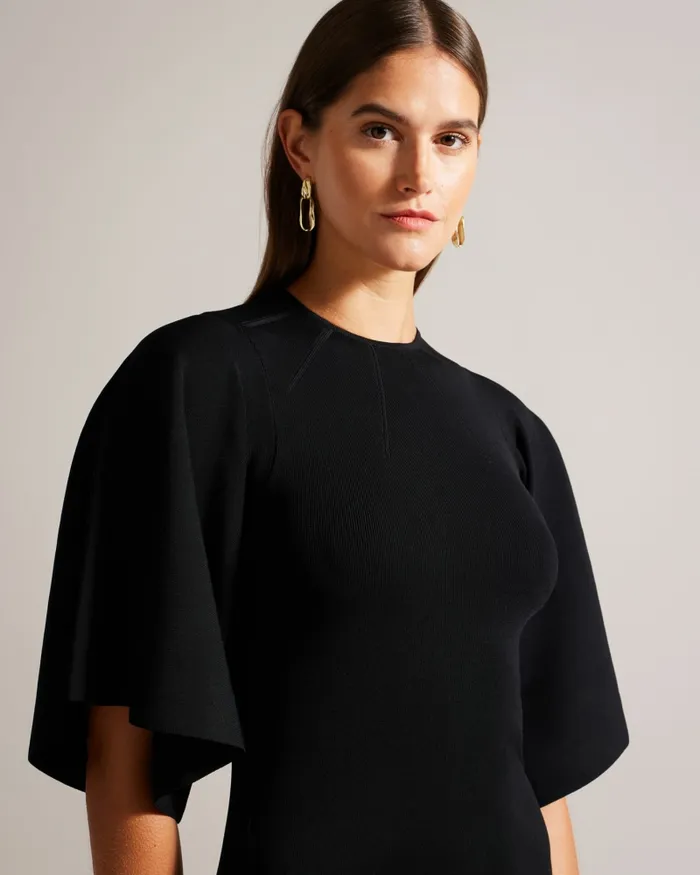 Women LOUNIA 8211 Fluted Sleeve Knitted Bodycon Midi Dress Black Ted Baker Dresses