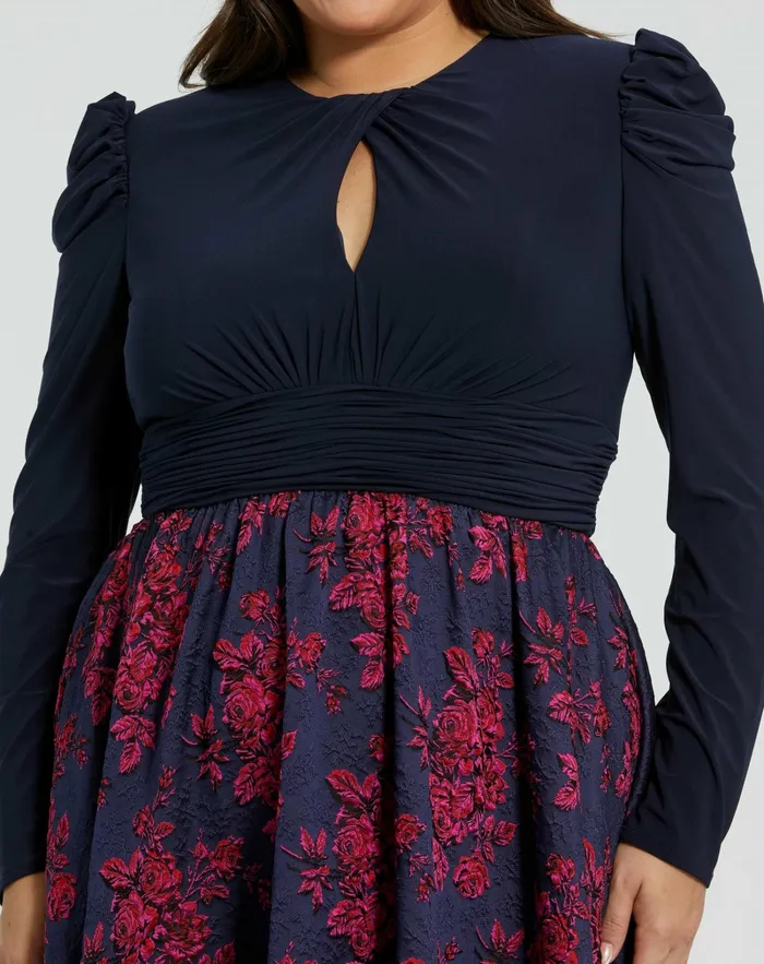 Women Mac Duggal Blue Long Sleeve Keyhole Knot Neck Floral Bottom Gown Midnight Plus Size Dresses