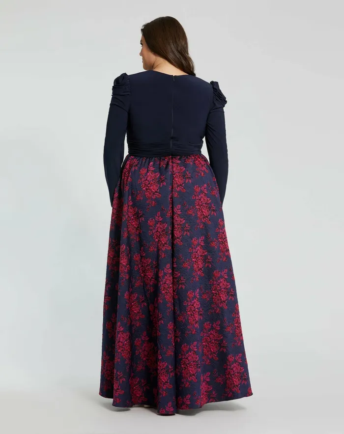 Women Mac Duggal Blue Long Sleeve Keyhole Knot Neck Floral Bottom Gown Midnight Plus Size Dresses