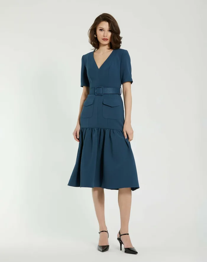 Women Mac Duggal Crepe 34 Sleeve Midi Dress With Belt And Pockets Deep Blue Every Day Dresses