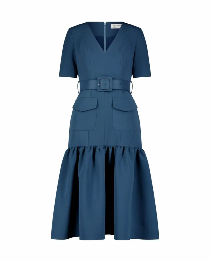 Women Mac Duggal Crepe 34 Sleeve Midi Dress With Belt And Pockets Deep Blue Every Day Dresses