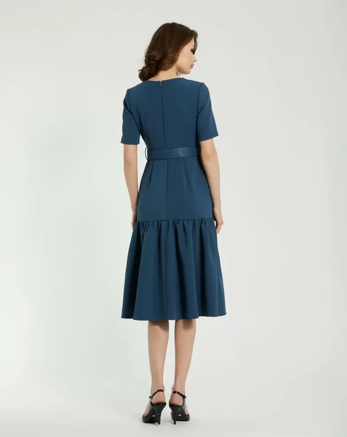 Women Mac Duggal Crepe 34 Sleeve Midi Dress With Belt And Pockets Deep Blue Every Day Dresses