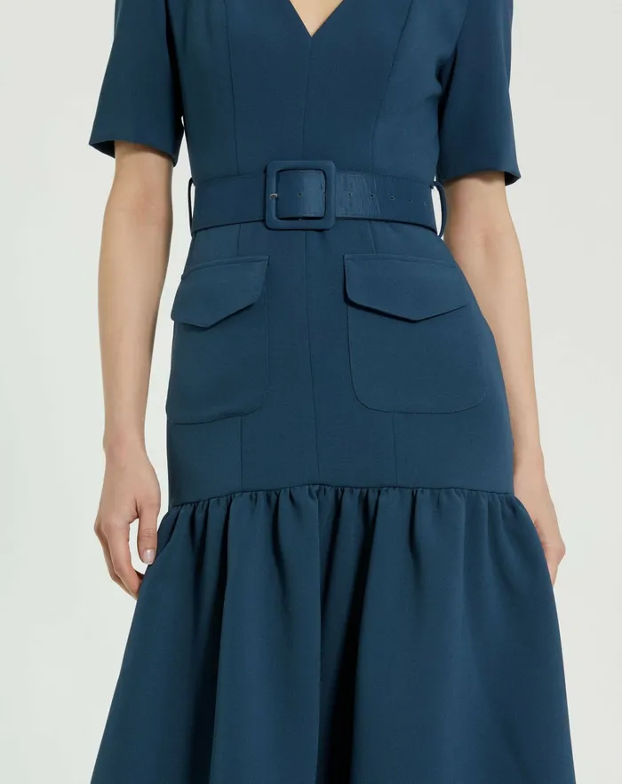Women Mac Duggal Crepe 34 Sleeve Midi Dress With Belt And Pockets Deep Blue Every Day Dresses