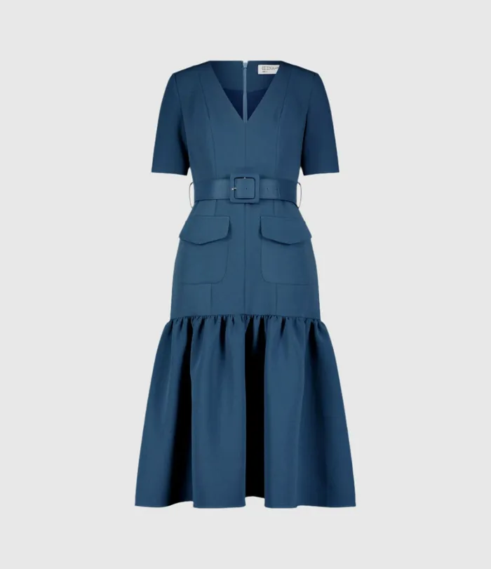 Women Mac Duggal Crepe 34 Sleeve Midi Dress With Belt And Pockets Deep Blue Every Day Dresses