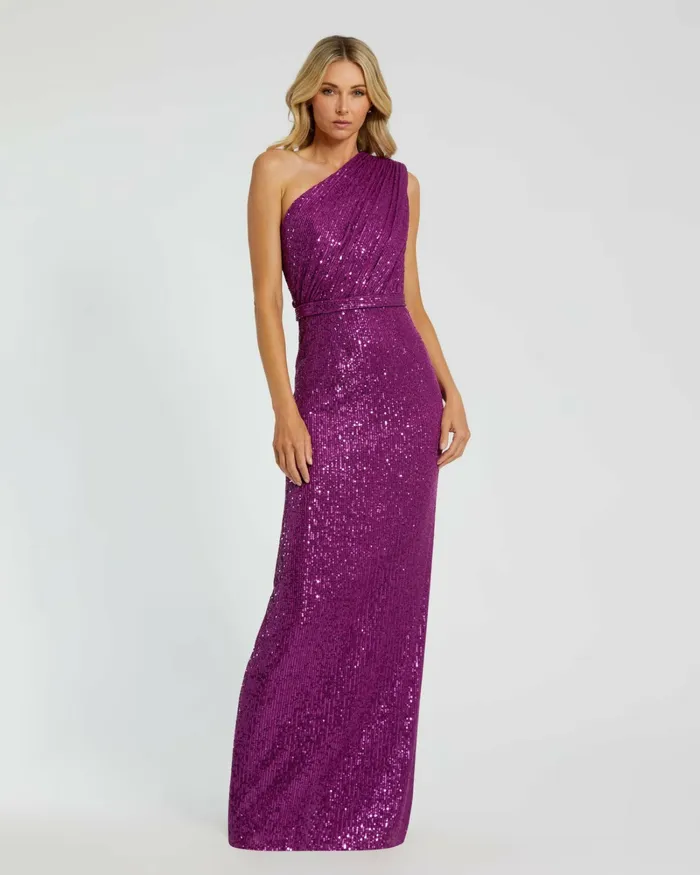 Women Mac Duggal Dark Purple Sequined Ruched One Shoulder Gown Purple Best Sellers