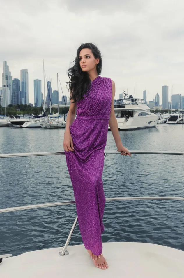 Women Mac Duggal Dark Purple Sequined Ruched One Shoulder Gown Purple Best Sellers