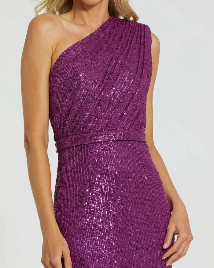 Women Mac Duggal Dark Purple Sequined Ruched One Shoulder Gown Purple Best Sellers