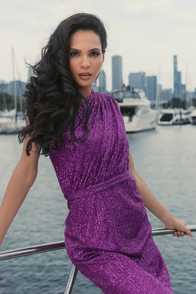 Women Mac Duggal Dark Purple Sequined Ruched One Shoulder Gown Purple Best Sellers