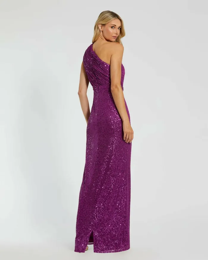 Women Mac Duggal Dark Purple Sequined Ruched One Shoulder Gown Purple Best Sellers