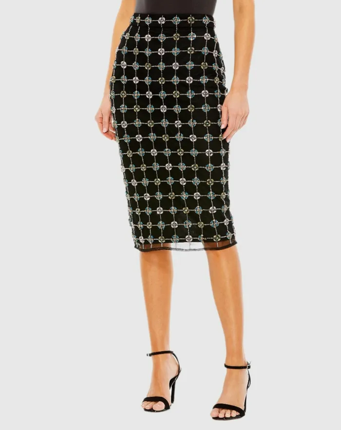 Women Mac Duggal Embellished Geometrical Skirt with Rhinestones 8211 FINAL SALE Black Skirts