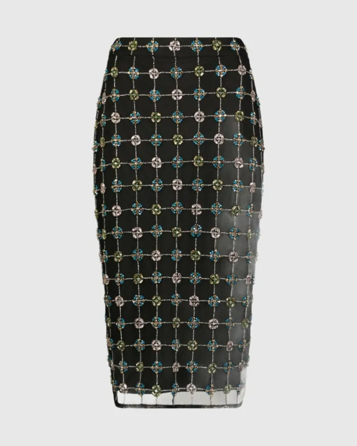 Women Mac Duggal Embellished Geometrical Skirt with Rhinestones 8211 FINAL SALE Black Skirts