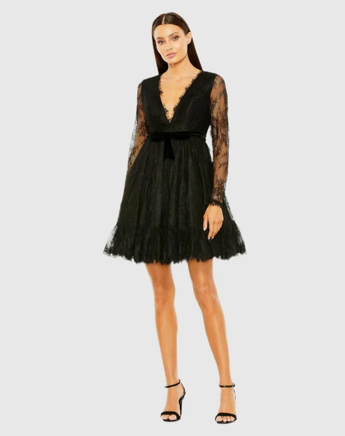 Women Mac Duggal Long Sleeve Deep V Lace Babydoll Dress Black Daytime Dresses