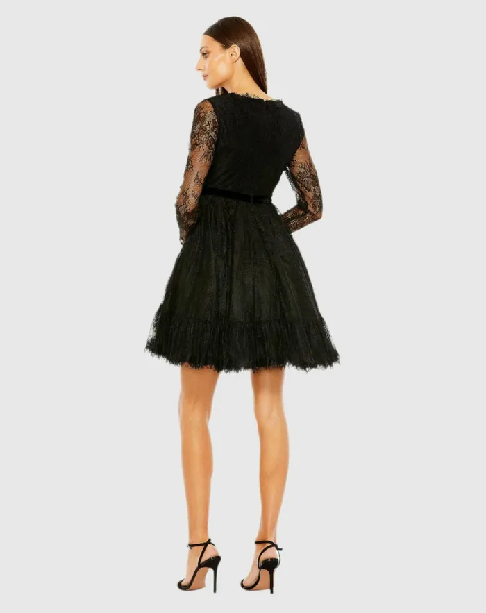 Women Mac Duggal Long Sleeve Deep V Lace Babydoll Dress Black Daytime Dresses