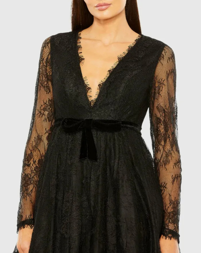 Women Mac Duggal Long Sleeve Deep V Lace Babydoll Dress Black Daytime Dresses