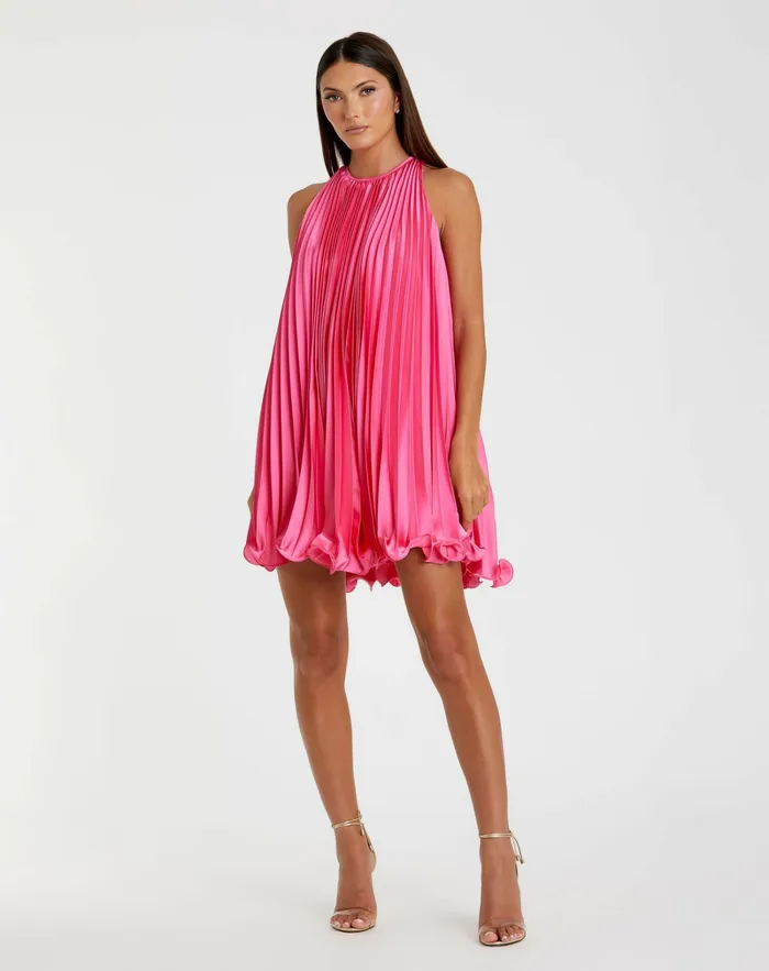 Women Mac Duggal Pink Pleated Halter Neck Flowy Mini Trapeze Dress Candy Pink Cocktail Dresses