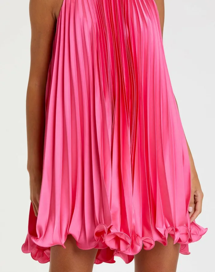 Women Mac Duggal Pink Pleated Halter Neck Flowy Mini Trapeze Dress Candy Pink Cocktail Dresses