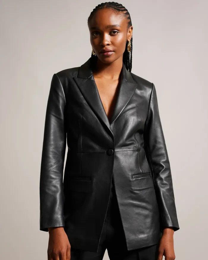 Women MELLIIE 8211 Longline Single Breasted Leather Blazer Black Ted Baker Coats and Jackets