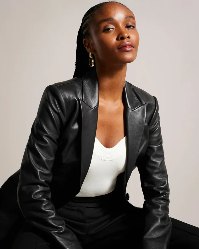 Women MELLIIE 8211 Longline Single Breasted Leather Blazer Black Ted Baker Coats and Jackets
