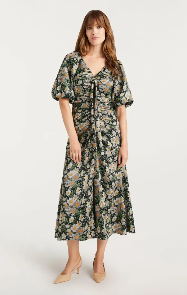 Women Midi Cinq Sept Cosmo Flowers Brenton Dress Blacklondon Fog