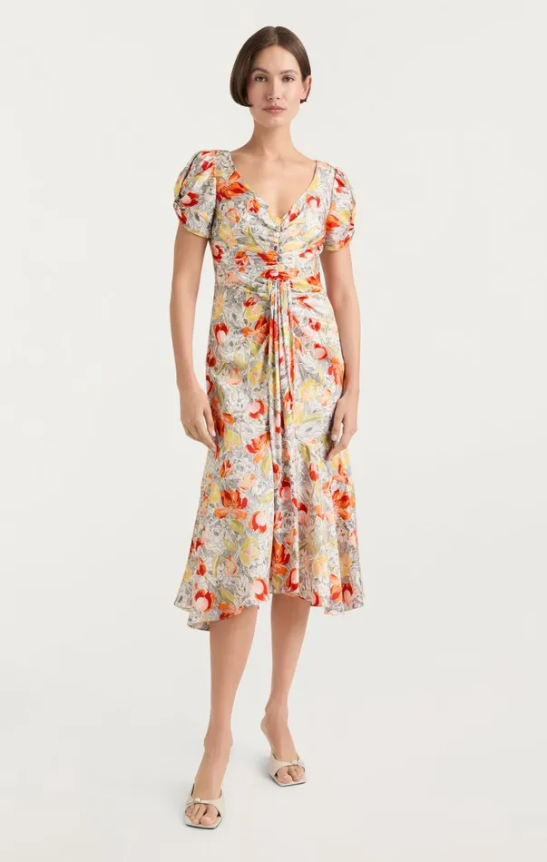Women Midi Cinq Sept Walker Dress Linework Floral Ivory Multi