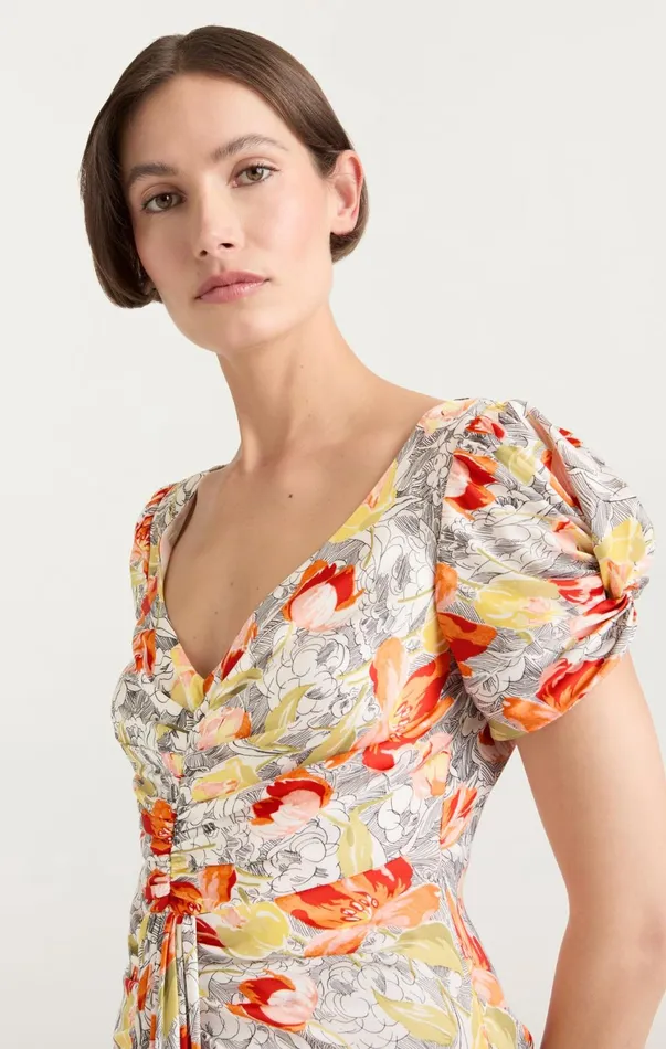 Women Midi Cinq Sept Walker Dress Linework Floral Ivory Multi