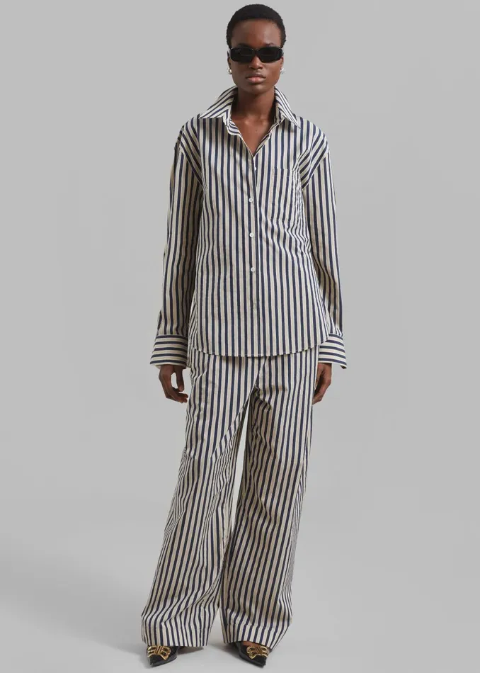 Women Mirca Textured Elastic Pants 8211 BeigeNavy Multi Stripe The Frankie Shop Bottoms