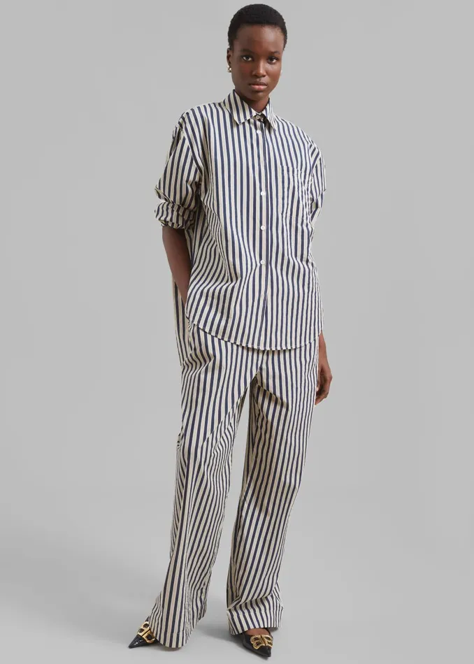 Women Mirca Textured Elastic Pants 8211 BeigeNavy Multi Stripe The Frankie Shop Bottoms