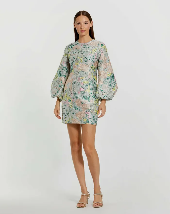 Women Multicolor Floral Brocade Puff Sleeve Fitted Mini Dress Pastel Multi Daytime Dresses Mac Duggal